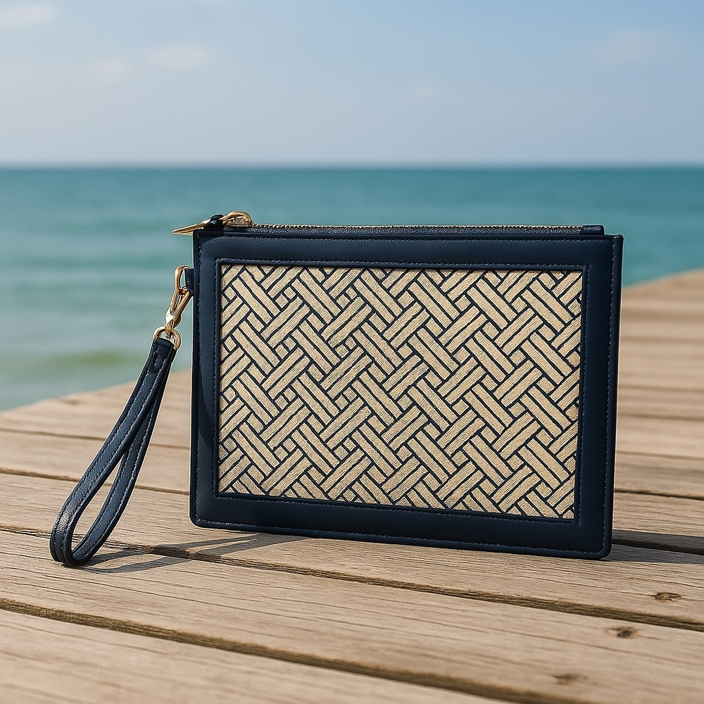 COLE HAAN WEAVE PATTERN WRISTLET NAVY AND CREAM